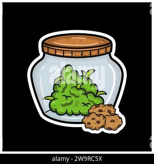 Keksgeschmack mit Cartoon Maskottchen von Weed Bud auf dem Glas. Für Aufkleber und Etikett. Vektor und Illustration. Stock Vektor