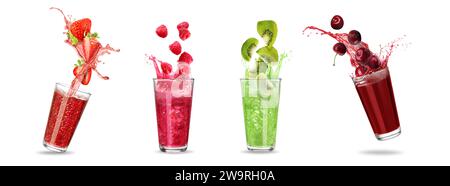 Frische Fruchtsäfte spritzen aus Gläsern auf weißem Hintergrund, Set Stockfoto