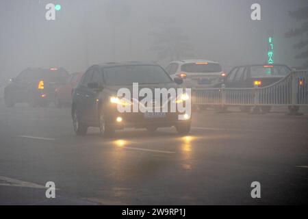 ANYANG, CHINA - 30. DEZEMBER 2023 - Menschen reisen in starkem Nebel mit einer Sichtweite von weniger als 200 Metern in Hua County, Stadt Anyang, Provinz Henan, Chi Stockfoto