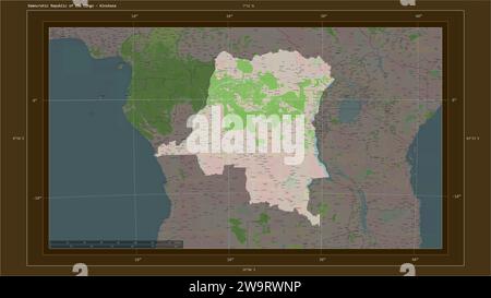 Die demokratische Republik Kongo wird auf einer topografischen Karte im OSM-France-Stil mit dem Hauptpunkt des Landes, kartographischem Raster und der Entfernung hervorgehoben Stockfoto
