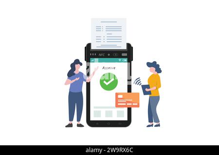 Frau, die kontaktlos mit Kreditkarte bezahlt, genehmigte NFC-Automatenzahlung. Vektorabbildung Stock Vektor