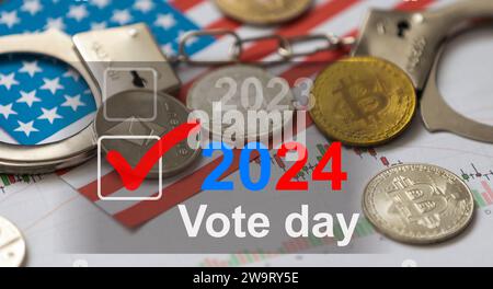 2024 Stimmen, Präsidentschaftswahlen, Geld und Text. Stockfoto