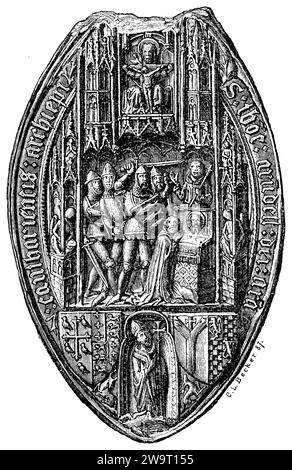 Thomas Becket (1119–1171), englischer Adliger, Lordkanzler und Erzbischof von Canterbury, das Siegel des Erzbischofs von Canterbury, das den Mord an Thomas Becket darstellt. Vermutlich aus der Mitte des 14. Jahrhunderts, C. L. Becker 1887 (Geschichtsbuch, 1899), Thomas Becket (1119–1171), englischer Lordkanzler (1155–1162) und Erzbischof von Canterbury (1162–1170), erzbischöfliches Siegel von Canterbury mit der Darstellung der Ermordung des Thomas Becket. Vermutlich aus der Mitte des 14. Jahrhundert, Thomas Becket (1119-1171), Archevêque de Canterbury, sceau de l'archevêque de Canterbury avec la représent Stockfoto