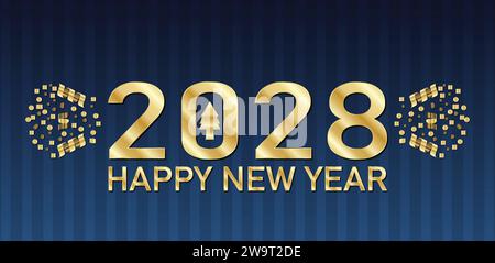 2028 Happy New Year. Grußkarte, Banner, Posterschablone mit goldenen Zahlen auf blauem Hintergrund. Stock Vektor