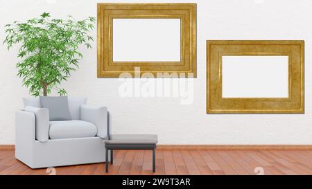 Rahmen, leere Gemälde auf weißer Wand. Zwei Bilderrahmen mit leerem Platz zum Einfügen von Text oder Bildern. Im Wohnzimmer. Gold, Gold Stockfoto