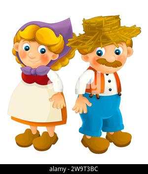 Cartoon Bauernhoffigur glücklicher Farmer Mann und Frau isoliert auf weißem Hintergrund - Illustration für Kinder Stockfoto