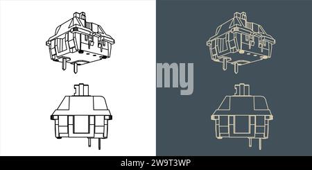 Mechanische Tastaturschalter Drahtmodell-Blaudruck-Vektor-Illustration Stock Vektor