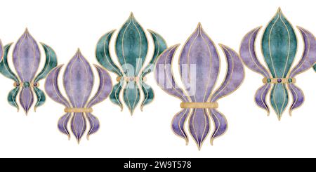 Handgezeichnete Mardi Gras Karnevalssymbole in Aquarellen. Fleur de Lis Französische Lilie Iris Blume Glas Perlen Konfetti Kugeln. Nahtloses Banner isoliert auf Stockfoto