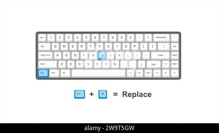 Vektorsteuerung STRG H Ersetzen - Tastenkombinationen - Fenster mit weißer und blauer Abbildung der Tastatur und transparentem Hintergrund isolierter Hotk Stock Vektor