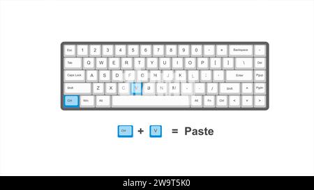 Vektorsteuerung + V = Einfügen - Tastenkombinationen - Fenster mit weißer und blauer Abbildung der Tastatur und einem transparenten Hintergrund isoliert Stock Vektor