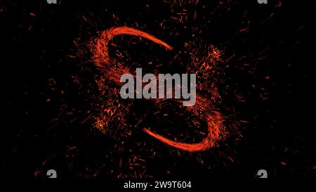 Feuerfunken isoliert über schwarzem Hintergrund, Embers, wunderschönes schimmerndes Feuerwerk, Feuerhintergrund, Feuerpartikel, 3D-Rendering Stockfoto