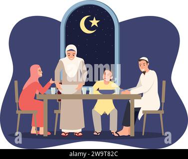 Einfache flache Vektor-Illustration von Suhoor und Iftar mit Familie während des Ramadan-Monats, glückliches Fasten für moslem, Ramadan kareem und Eid Mubarak Stock Vektor