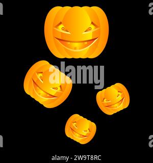 Fliegende wütende und beängstigende gelbe Zeichentrickkürbisse auf schwarzem Hintergrund. Halloween-Thema. Isolierte Vektordarstellung. Stock Vektor