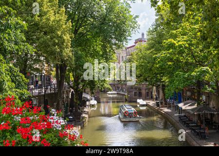 Tourboot mit Touristen segelt auf der Oudegracht in Richtung Rathaus von Utrecht. Stockfoto