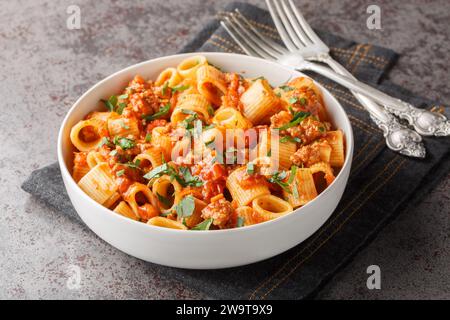 Pasta Mezze Maniche mit Fleisch Bolognese Sauce in Nahaufnahme auf einem Teller auf dem Tisch. Horizontal Stockfoto