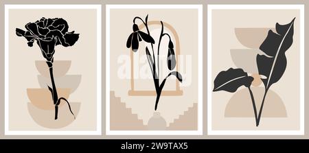 Set von Boho ästhetischen abstrakten botanischen Wandbildern Stock Vektor