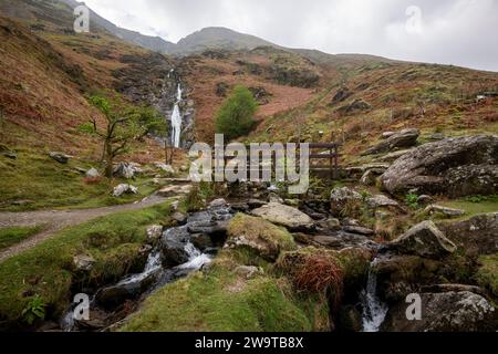 Wasserfälle von Rhaeadr Bach in der Nähe von Abergwyngregyn in Gwynedd, Nordwales. Stockfoto