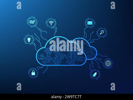 Cloud-Technologie Cloud-Speicher Zusammenstellung von Cyber über Internet-Signal überlappende Clouds, die mit Netzwerksymbolen verbunden sind Stock Vektor