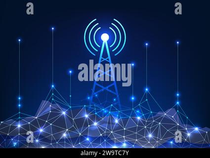 Übertragungstechnologie Übertragungsmasten, die Datenwellen an Mobiltelefone senden, Internetzugang, Kommunikation Übertragungsmasten befinden sich auf dem m Stock Vektor