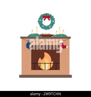 Kamin mit weihnachtsdekoration. Gemütliche Weihnachtsinnendesign Cartoon Vektor Illustration Stock Vektor