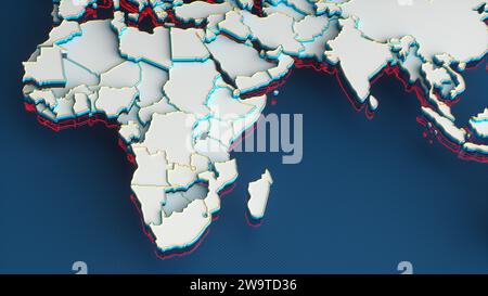 Weiße Weltkarte mit afrikanischem Kontinent und Ländern, Goldgrenzen und roter Umriss auf blauem Hintergrund. Abbildung 3D-Rendering. Stockfoto