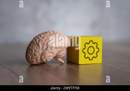 Menschliches Gehirn und Holzblock mit Zahnradsymbol. Kognitives Denken, Brainstorming konzeptionell. Stockfoto