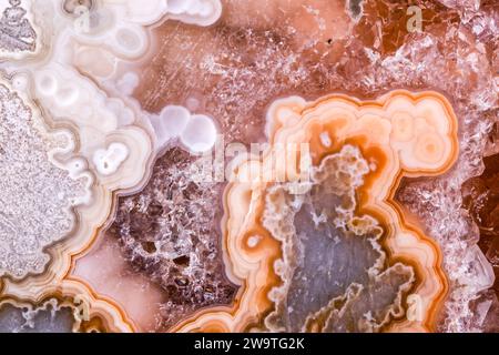 agate, Quarzgeode in versteinerter Holzfotografie. Textur mit Makrodetails. Nahaufnahme polierter Halbedelstein. Stockfoto