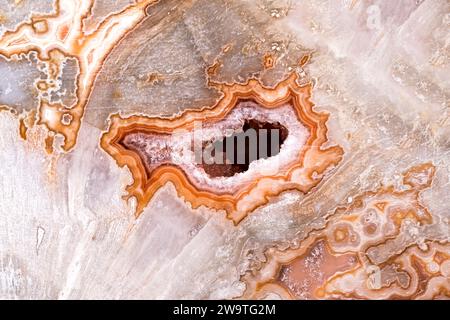agate, Quarzgeode in versteinerter Holzfotografie. Textur mit Makrodetails. Nahaufnahme polierter Halbedelstein. Stockfoto