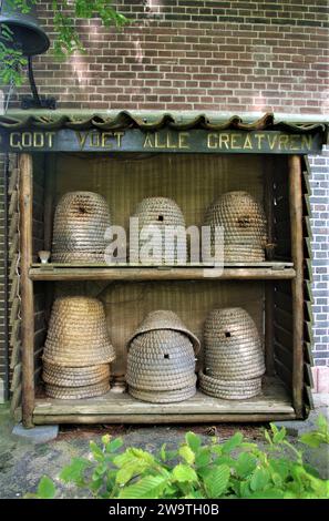 Traditionelle Bienenstöcke im Botanischen Garten, Leiden, Niederlande Stockfoto