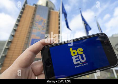 Brüssel, Belgien Dezember 2023 30. Die Abbildungen zeigen das belgische EU-Präcidency-Logo. Am 1. Januar 2024 beginnt der belgische Ratsvorsitz der Europäischen Union. BELGA FOTO NICOLAS MAETERLINCK Credit: Belga News Agency/Alamy Live News Stockfoto