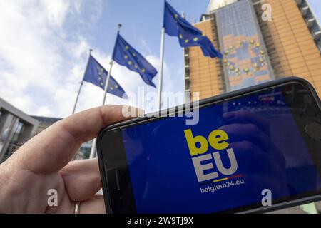 Brüssel, Belgien Dezember 2023 30. Die Abbildungen zeigen das belgische EU-Präcidency-Logo. Am 1. Januar 2024 beginnt der belgische Ratsvorsitz der Europäischen Union. BELGA FOTO NICOLAS MAETERLINCK Credit: Belga News Agency/Alamy Live News Stockfoto