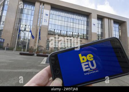 Brüssel, Belgien Dezember 2023 30. Die Abbildungen zeigen das belgische EU-Präcidency-Logo. Am 1. Januar 2024 beginnt der belgische Ratsvorsitz der Europäischen Union. BELGA FOTO NICOLAS MAETERLINCK Credit: Belga News Agency/Alamy Live News Stockfoto