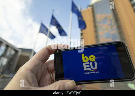 Brüssel, Belgien Dezember 2023 30. Die Abbildungen zeigen das belgische EU-Präcidency-Logo. Am 1. Januar 2024 beginnt der belgische Ratsvorsitz der Europäischen Union. BELGA FOTO NICOLAS MAETERLINCK Credit: Belga News Agency/Alamy Live News Stockfoto