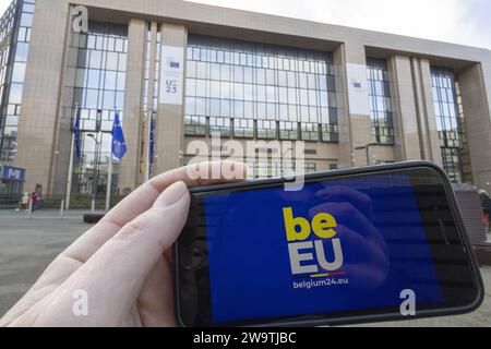 Brüssel, Belgien Dezember 2023 30. Die Abbildungen zeigen das belgische EU-Präcidency-Logo. Am 1. Januar 2024 beginnt der belgische Ratsvorsitz der Europäischen Union. BELGA FOTO NICOLAS MAETERLINCK Credit: Belga News Agency/Alamy Live News Stockfoto