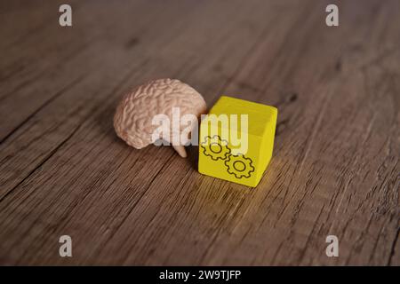 Menschliches Gehirn und Holzblock mit Zahnradsymbol. Kognitives Denken, Brainstorming konzeptionell. Stockfoto