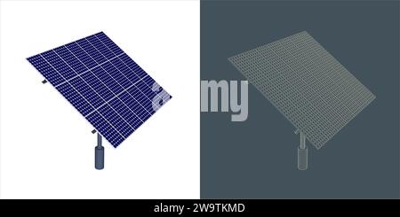 Solarmodul-Konzept. Line Blueprint Wire-Frame-Stil. Stock Vektor