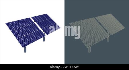 Solarmodul-Konzept. Line Blueprint Wire-Frame-Stil. Stock Vektor