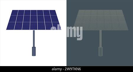 Solarmodul-Konzept. Line Blueprint Wire-Frame-Stil. Stock Vektor