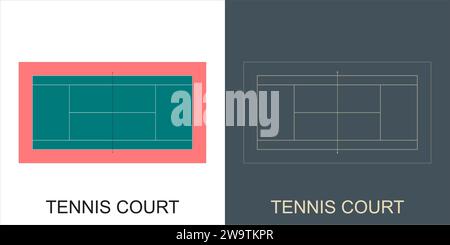 Vector Tennis Court Moderne minimalistische Linie Blueprint Drahtmodell Stock Vektor