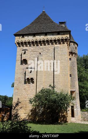 Manoir de la Salle (15. Jahrhundert) in Saint-Léon-sur-Vézère. Das Herrenhaus von La Salle besteht aus einem Herrenhaus und einem quadratischen Donjon mit Eckturm Stockfoto