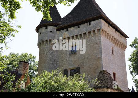 Manoir de la Salle (15. Jahrhundert) in Saint-Léon-sur-Vézère. Das Herrenhaus von La Salle besteht aus einem Herrenhaus und einem quadratischen Donjon mit Eckturm Stockfoto