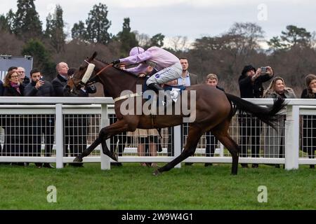 Ascot, Großbritannien. Dezember 2023. Horse Harper's Brooke (IRE), geritten vom Jockey Kielan Woods, führt bei der Howden Handicap Turmjase auf der Ascot Racecourse beim Howden Christmas Racing Weekend Meeting an. Besitzer Der Megsons. Trainer Ben Pauling, Naunton. Sponsor Fitzdares. Kredit: Maureen McLean/Alamy Stockfoto