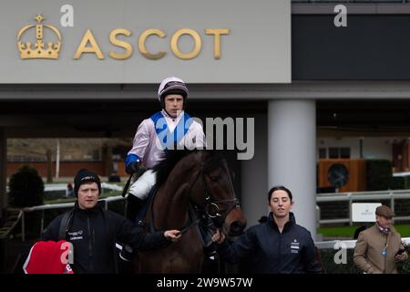 Ascot, Großbritannien. Dezember 2023. Horse West Balboa, geritten vom Jockey Harry Skelton, geht auf die Rennstrecke auf der Ascot Racecourse, um beim Howden Long Walk Hürdenrennen am Howden Christmas Racing Weekend zu Rennen. Besitzer Bullen-Smith und Faulks. Trainer Dan Skelton, Alcester. Sponsor Ladbrokes, Air Ambulance Service (Warwickshire & Northamptonshire). Kredit: Maureen McLean/Alamy Stockfoto