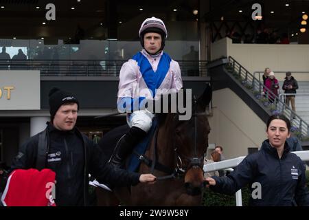 Ascot, Großbritannien. Dezember 2023. Horse West Balboa, geritten vom Jockey Harry Skelton, geht auf die Rennstrecke auf der Ascot Racecourse, um beim Howden Long Walk Hürdenrennen am Howden Christmas Racing Weekend zu Rennen. Besitzer Bullen-Smith und Faulks. Trainer Dan Skelton, Alcester. Sponsor Ladbrokes, Air Ambulance Service (Warwickshire & Northamptonshire). Kredit: Maureen McLean/Alamy Stockfoto