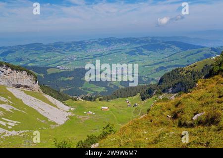 Panoramablick auf Alpstein, Appenzellerland, Schweizer Alpen, Schweiz Stockfoto