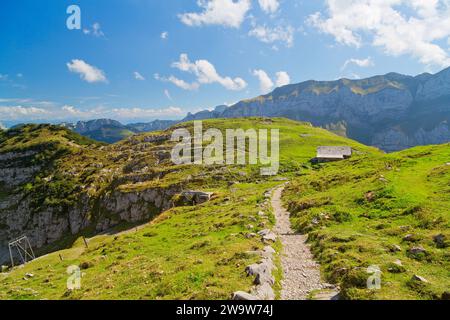 Panoramablick auf Alpstein, Appenzellerland, Schweizer Alpen, Schweiz Stockfoto