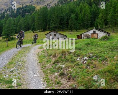 Radfahrer fahren vorbei an Steinscheunen im Roseg Valley, Alpine St. Moritz, Schweiz Stockfoto