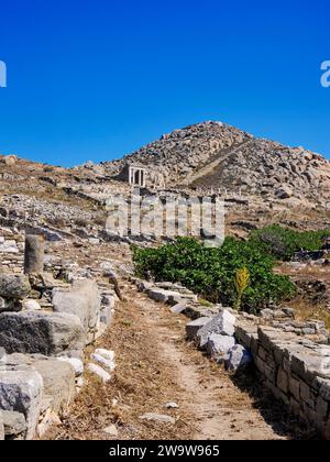 Blick auf den Isis-Tempel und den Berg Kynthos, die archäologische Stätte von Delos, die Insel Delos, die Kykladen, Griechenland Stockfoto
