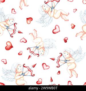 Nahtloses Muster mit niedlichen Cupids mit Schleife, Pfeilen und Herzen. Kleine Engel. Handgezeichnete Aquarellillustration. Zum Valentinstag und zur Hochzeit. Für Stockfoto