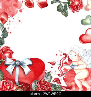 Eine rote, herzförmige Geschenkbox mit weißer Schleife und einem mit Rosen verzierten Cupid. Handgezeichnete Aquarellillustration. Zum Valentinstag, Hochzeit. Für p Stockfoto
